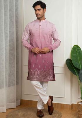 Pink Embroidered Cotton Kurta Set For Men