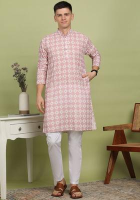 Pink Embroidered Cotton Kurta Set For Men