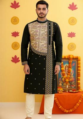 Black Embroidered Cotton Kurta Set For Men