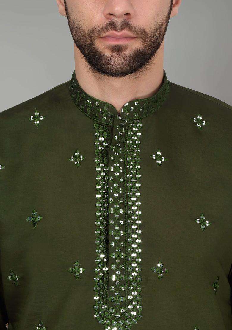 Olive Embroidered Silk Blend Kurta Set For Men - Indya