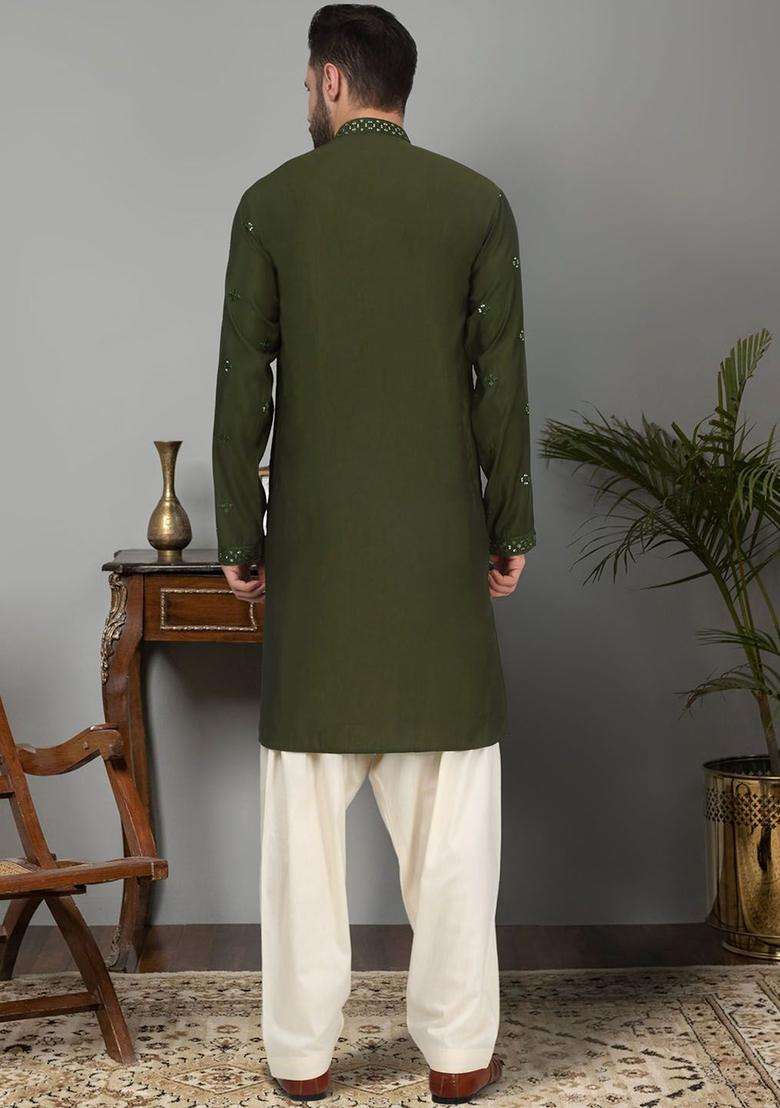 Olive Embroidered Silk Blend Kurta Set For Men - Indya