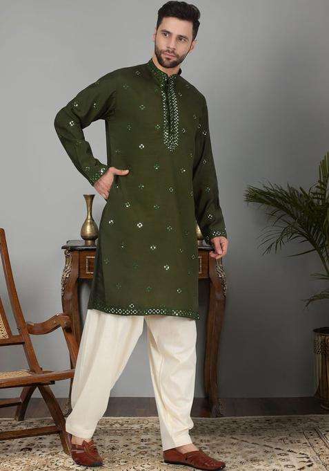 Olive Embroidered Silk Blend Kurta Set For Men
