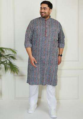 Blue Printed Cotton Kurta Set For Men