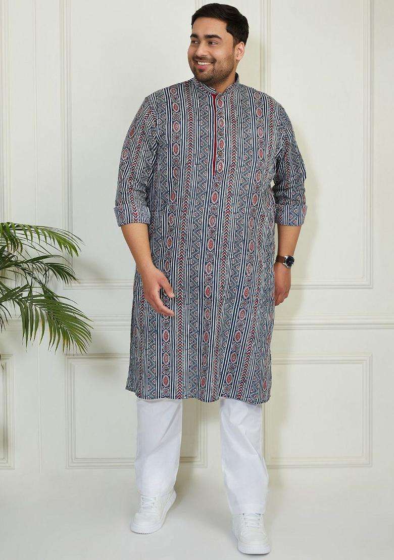 Blue Printed Cotton Kurta Set For Men - Indya