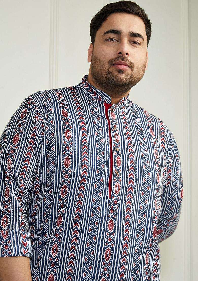 Blue Printed Cotton Kurta Set For Men - Indya