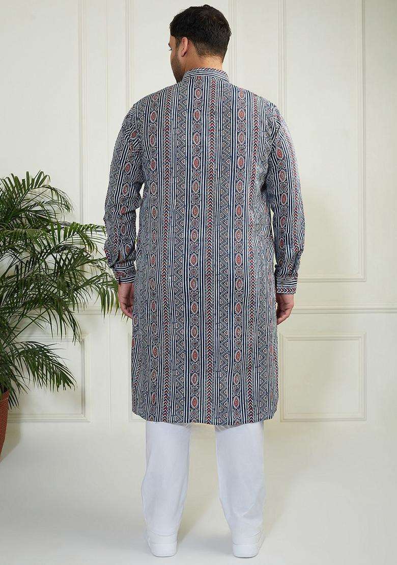 Blue Printed Cotton Kurta Set For Men - Indya