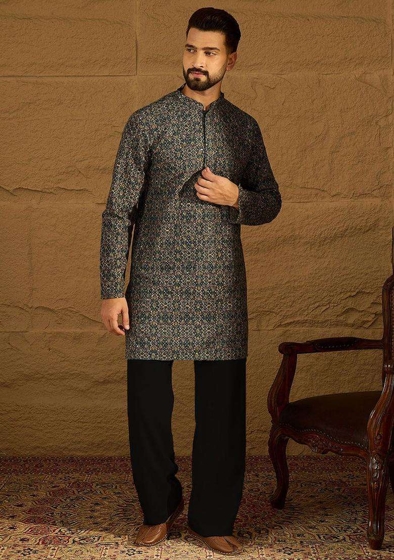 Navy Blue Printed Viscose Kurta Set For Men - Indya
