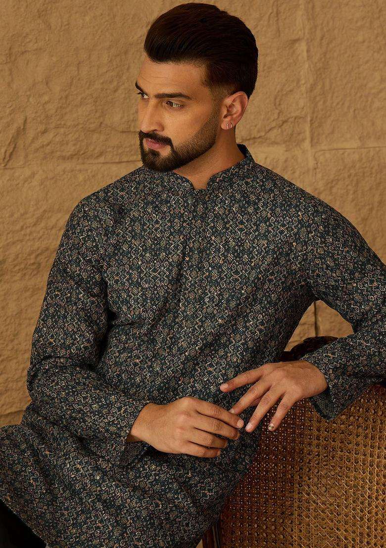 Navy Blue Printed Viscose Kurta Set For Men - Indya