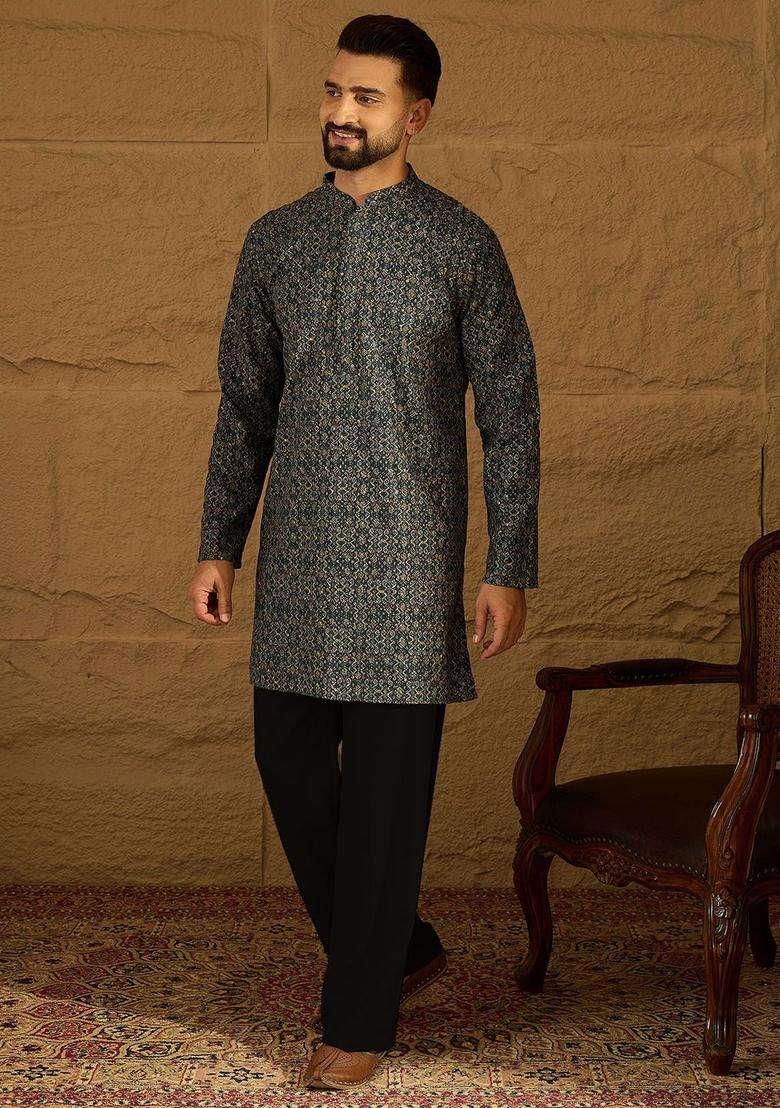 Navy Blue Printed Viscose Kurta Set For Men - Indya