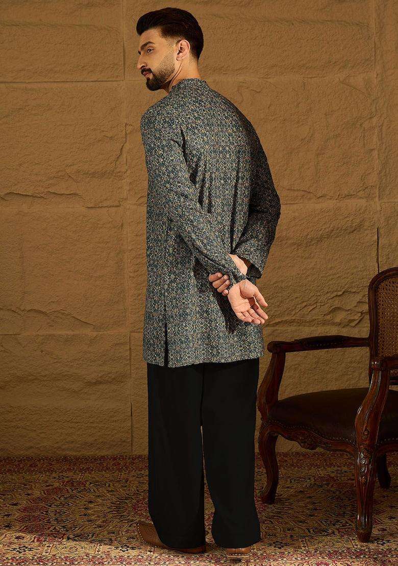 Navy Blue Printed Viscose Kurta Set For Men - Indya