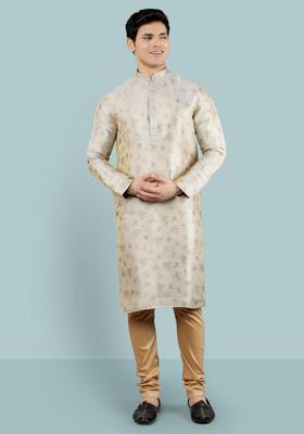 Grey Woven Design Silk Kurta Set For Men