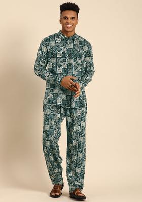 Green Printed Viscose Kurta Set For Men