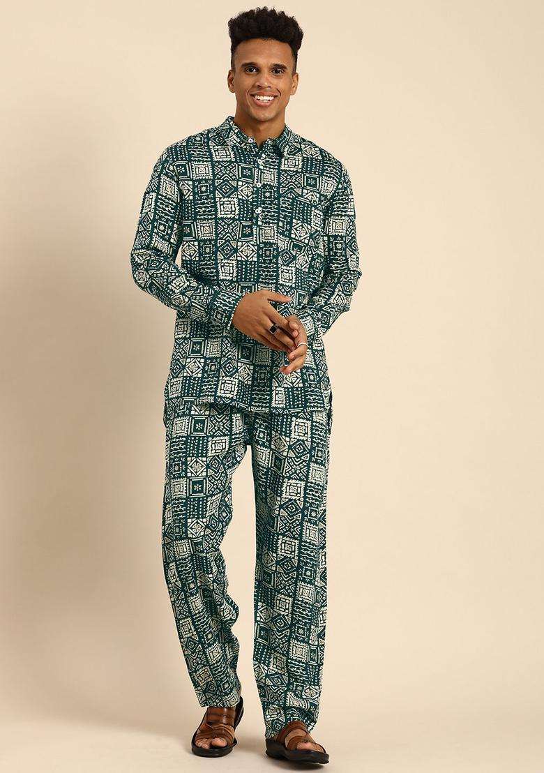 Green Printed Viscose Kurta Set For Men - Indya