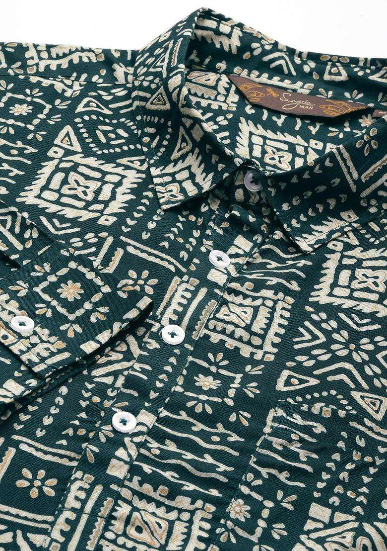 Green Printed Viscose Kurta Set For Men - Indya