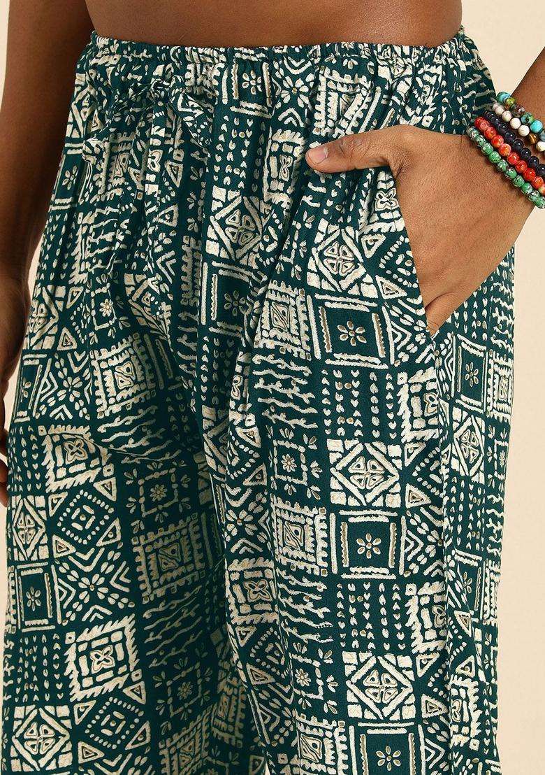 Green Printed Viscose Kurta Set For Men - Indya