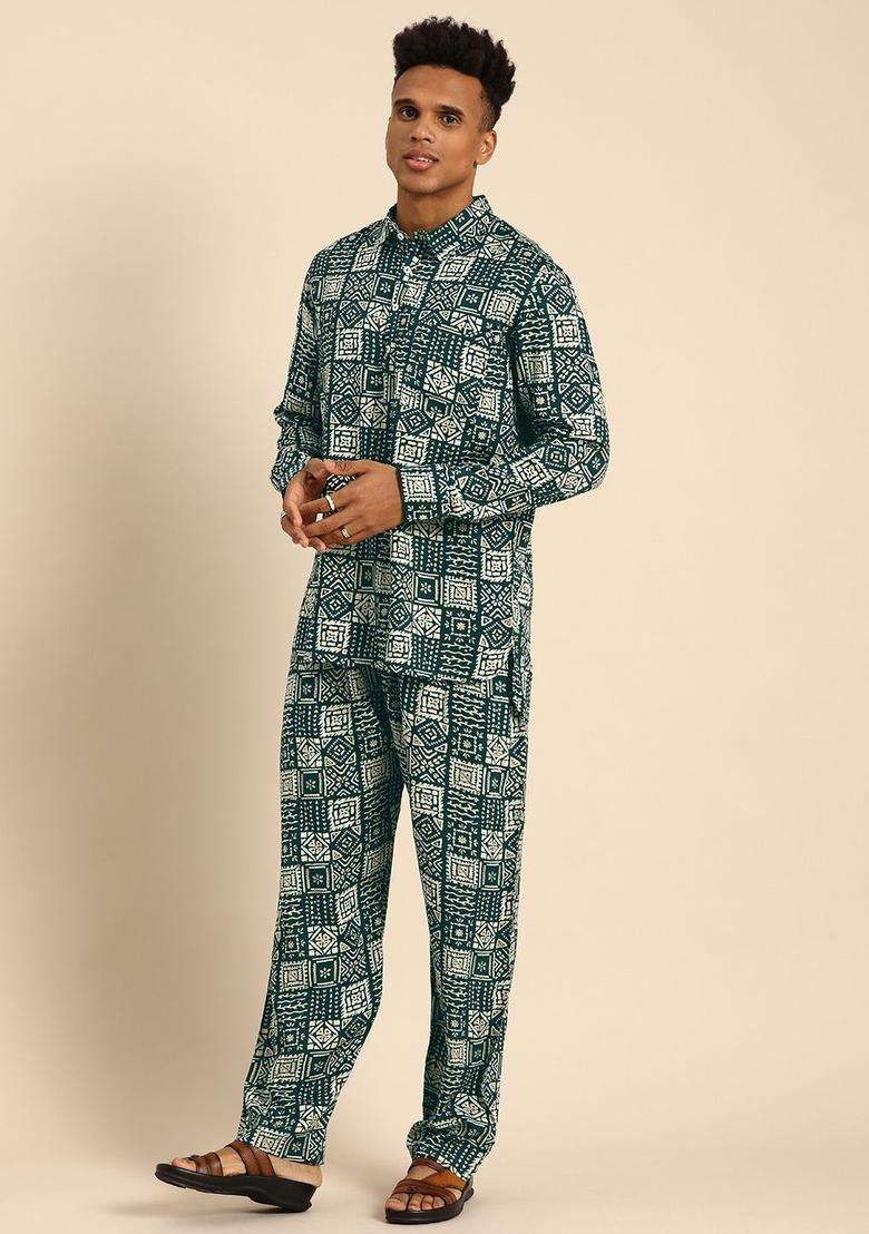 Green Printed Viscose Kurta Set For Men - Indya