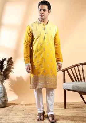 Yellow Embroidered Cotton Kurta Set For Men