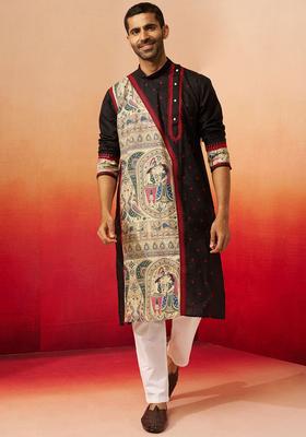 Black Printed Cotton Kurta Set For Men