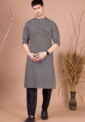 Black Printed Cotton Kurta Set For Men