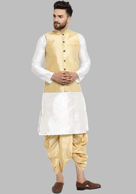 White Solid Silk Kurta Set For Men