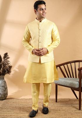 Yellow Solid Silk Kurta Set For Men