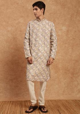 Mustard Printed Silk Kurta Set For Men