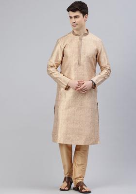 Beige Woven Design Silk Kurta Set For Men