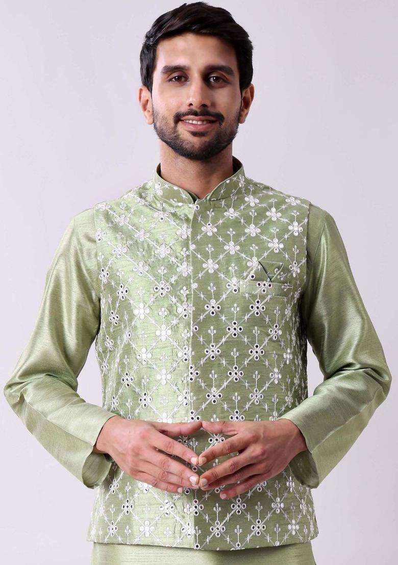Green Solid Viscose Kurta Set For Men - Indya