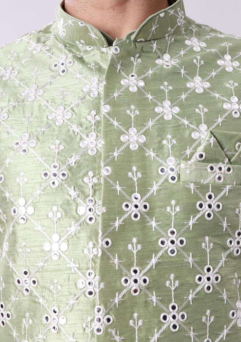 Green Solid Viscose Kurta Set For Men - Indya