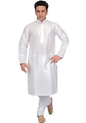 White Solid Silk Kurta Set For Men