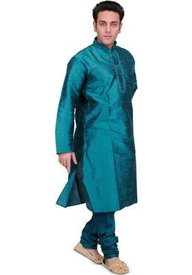 Green Embroidered Silk Kurta Set For Men