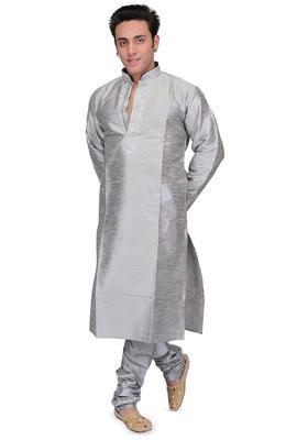 Grey Embroidered Silk Kurta Set For Men