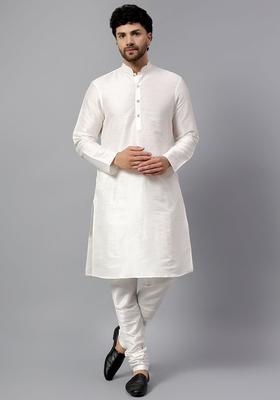 Off White Solid Silk Kurta Set For Men