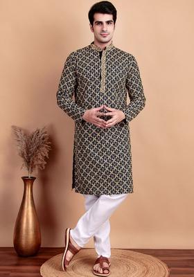 Navy Blue Embroidered Cotton Kurta Set For Men