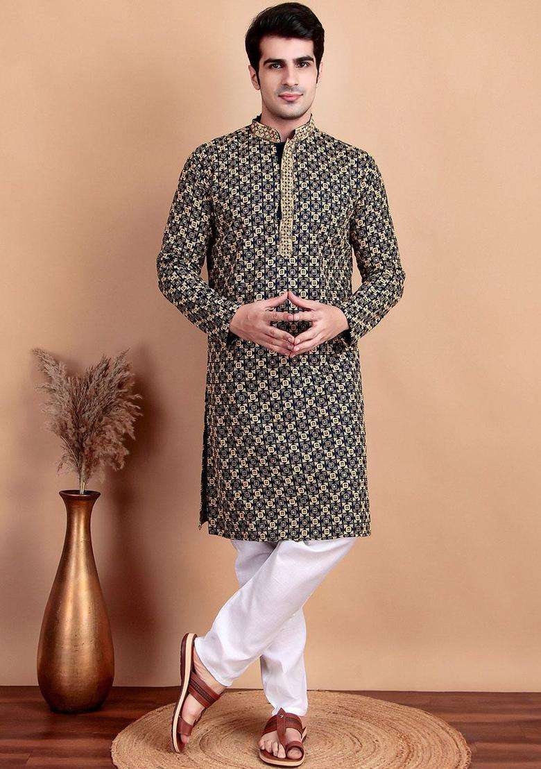 Navy Blue Embroidered Cotton Kurta Set For Men - Indya