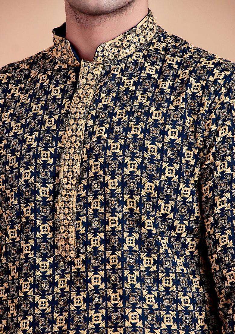 Navy Blue Embroidered Cotton Kurta Set For Men - Indya