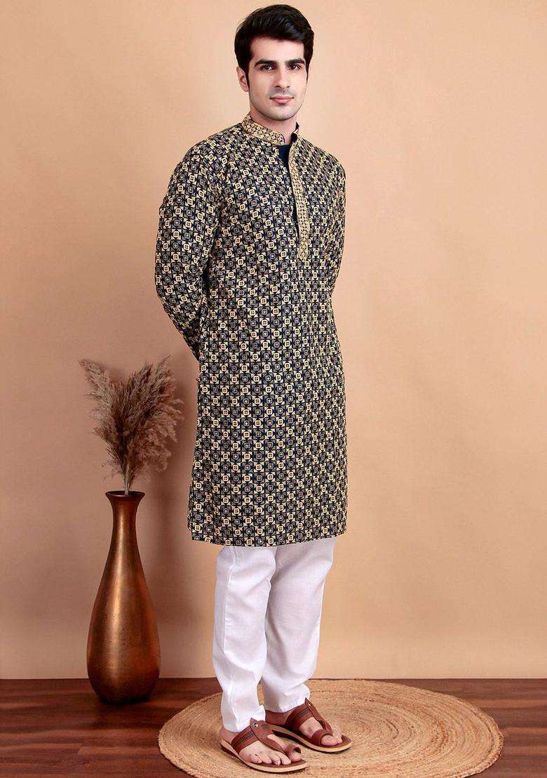 Navy Blue Embroidered Cotton Kurta Set For Men - Indya