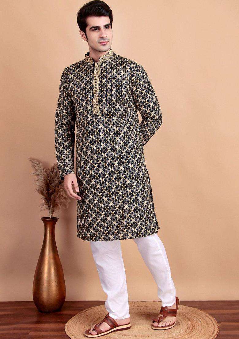 Navy Blue Embroidered Cotton Kurta Set For Men - Indya