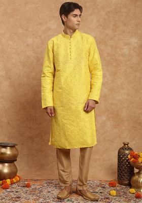 Yellow Embroidered Silk Kurta Set For Men