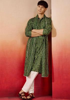 Green Printed Viscose Kurta Set For Men