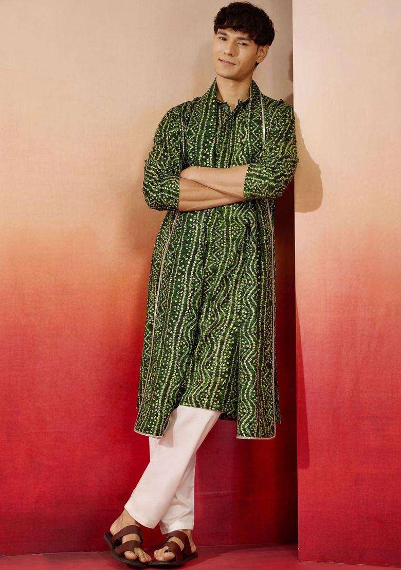 Green Printed Viscose Kurta Set For Men - Indya