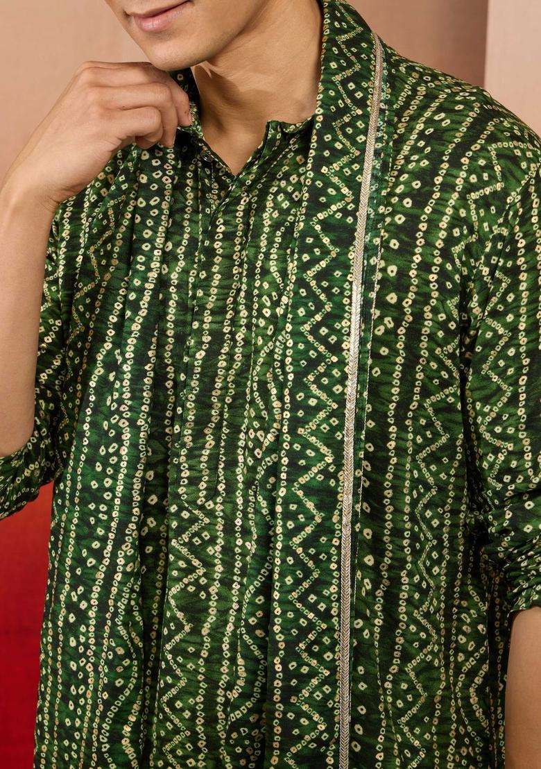 Green Printed Viscose Kurta Set For Men - Indya