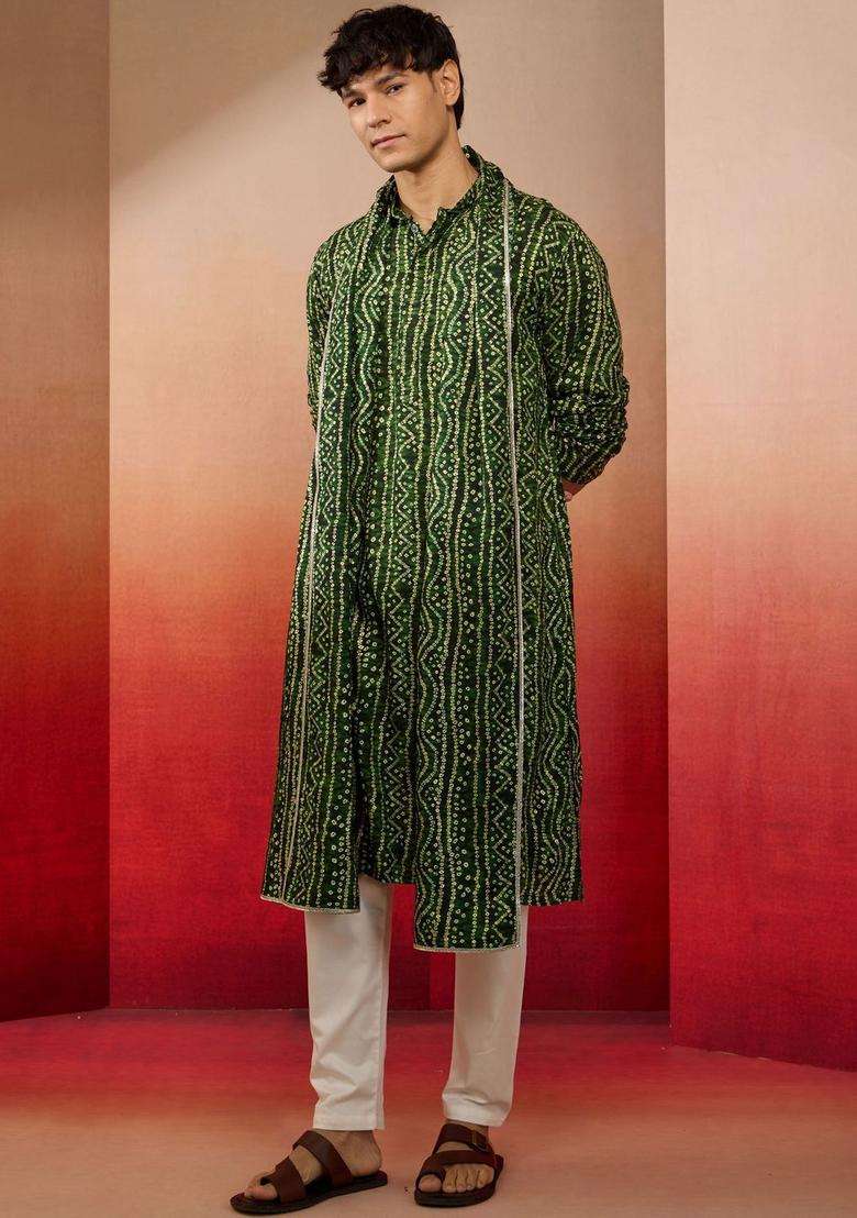 Green Printed Viscose Kurta Set For Men - Indya