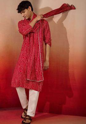 Red Printed Viscose Kurta Set For Men