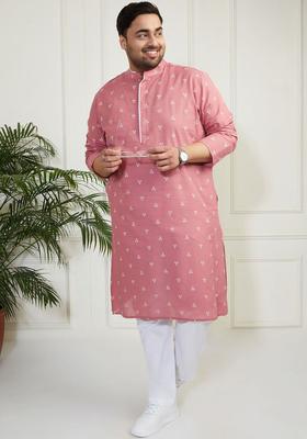 Pink Printed Cotton Kurta Set For Men