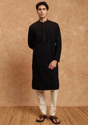 Blue Solid Viscose Kurta Set For Men