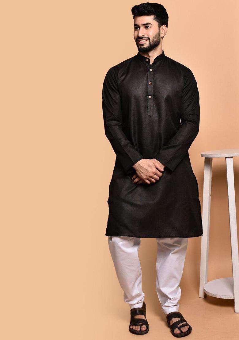 Black Solid Cotton Kurta Set For Men - Indya