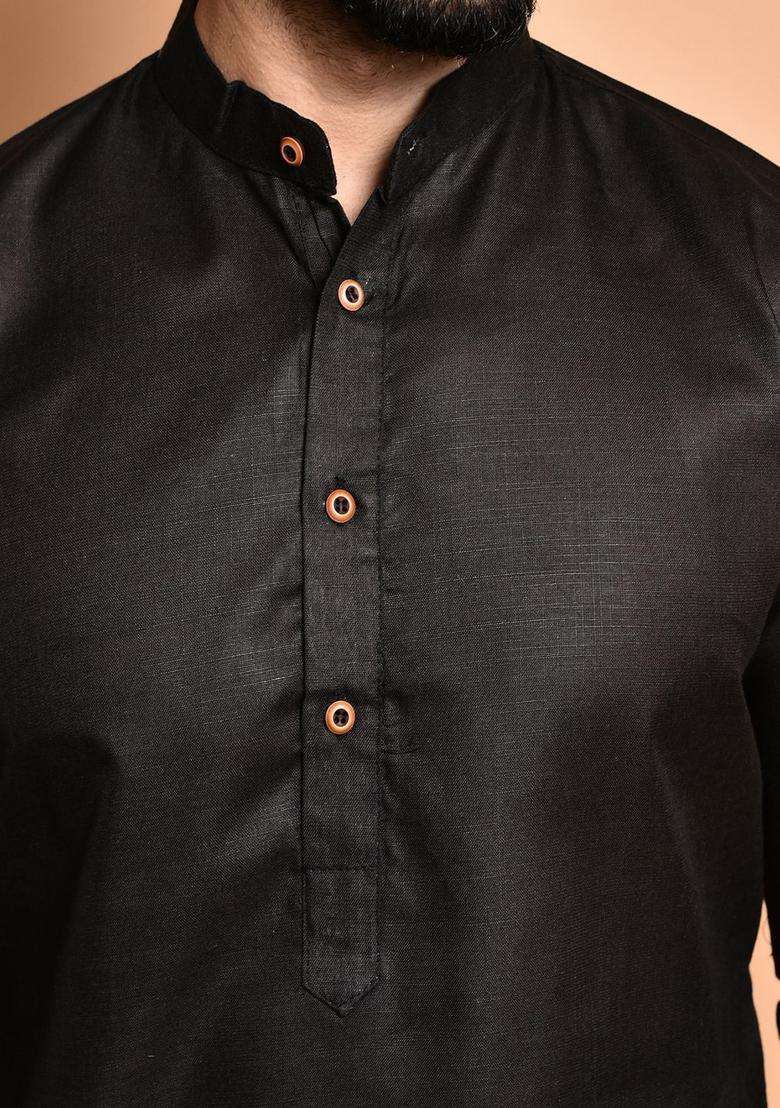 Black Solid Cotton Kurta Set For Men - Indya