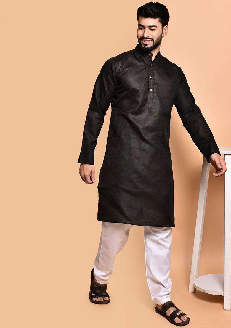 Black Solid Cotton Kurta Set For Men - Indya