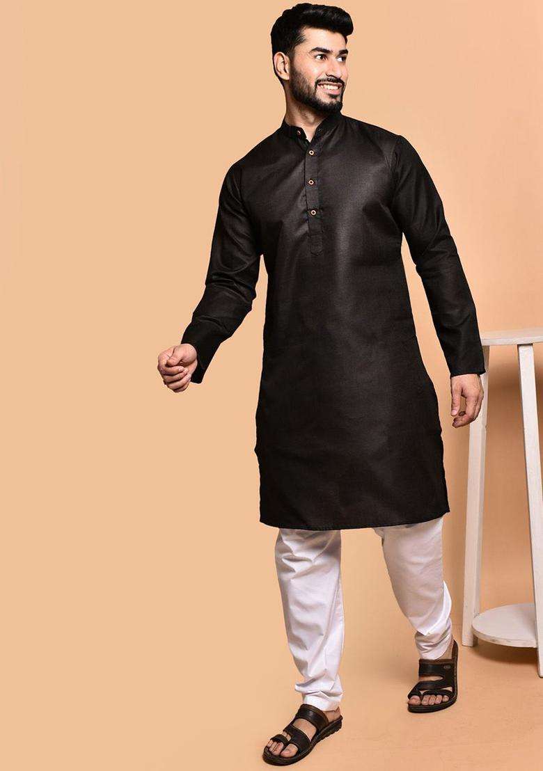 Black Solid Cotton Kurta Set For Men - Indya